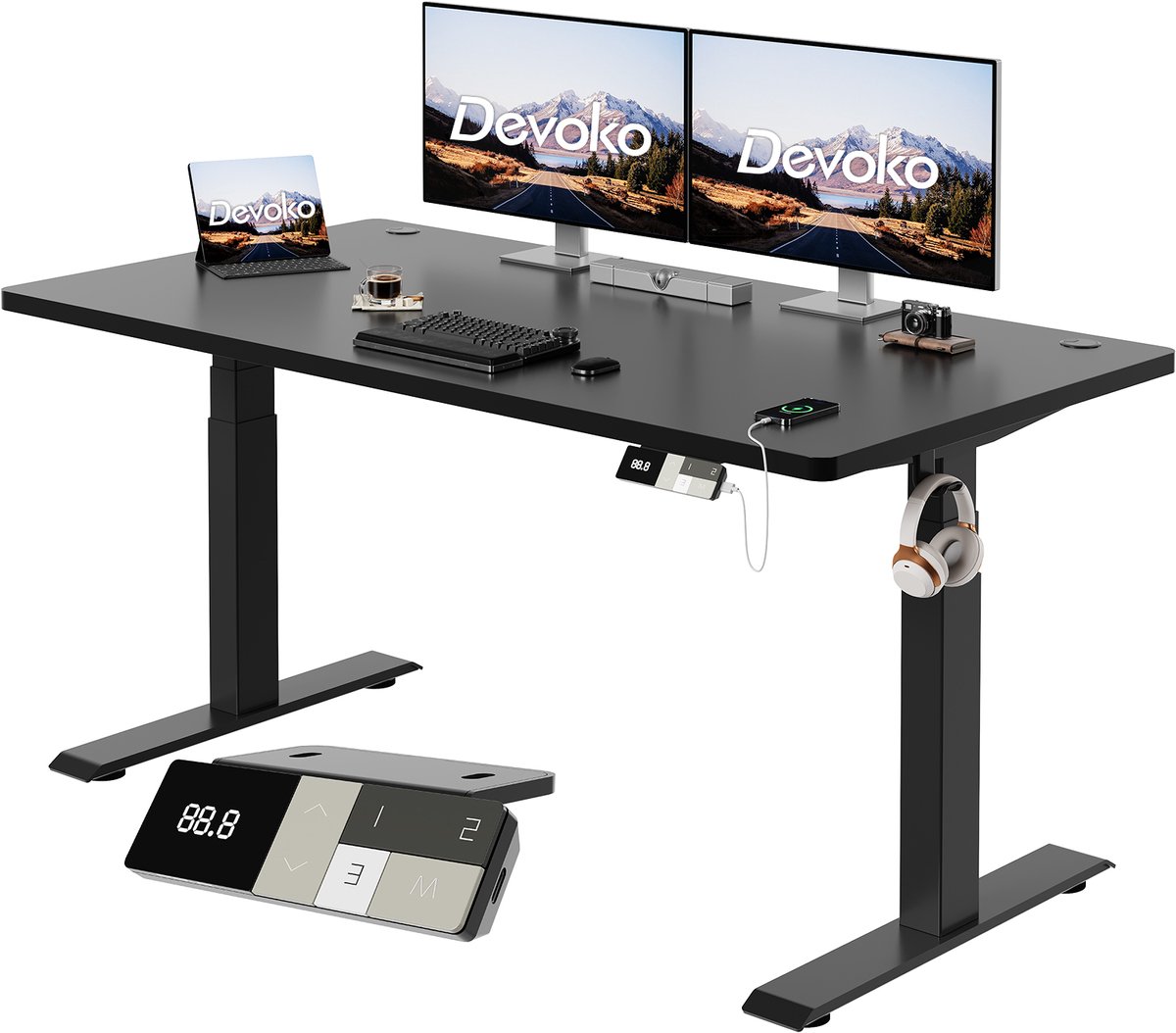 Devoko Elektrisch Zit-Sta Bureau 160x80 cm - Elektrisch Verstelbaar Bureau - In Hoogte Verstelbaar 63-128 cm - 25 mm FSC Tafelblad - Dubbele Motor - 125 kg - Zwart