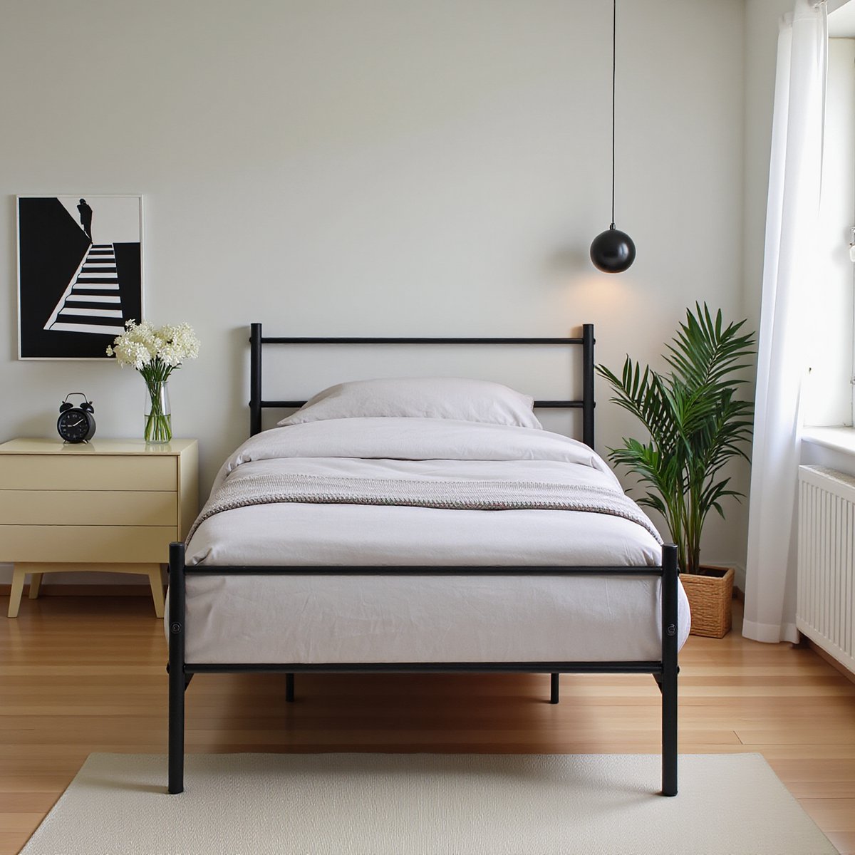 EGGREE Zwart metalen eenpersoonsbedframe 90 x 190 cm - Stevig en stabiel bedframe van metaal - duurzame onderbouw geschikt voor standaard eenpersoonsmatras