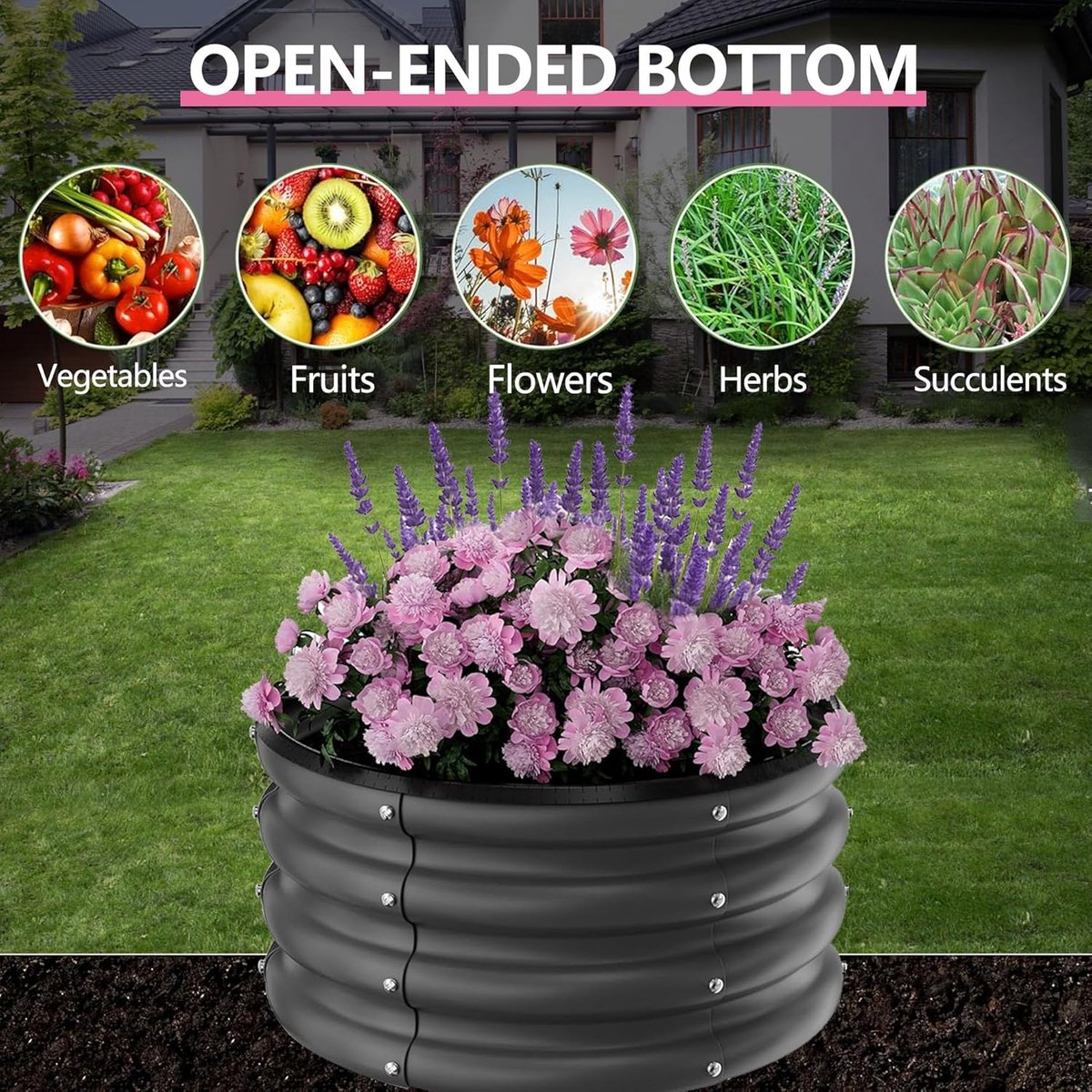 Danky Hoge plantenbak op poten, ronde verhoogde moestuinbak van gegalvaniseerd staal, 60x60x28 cm, zwart/naturel, plantenbak voor buiten, verhoogde tuinbak voor bloemen en kruiden