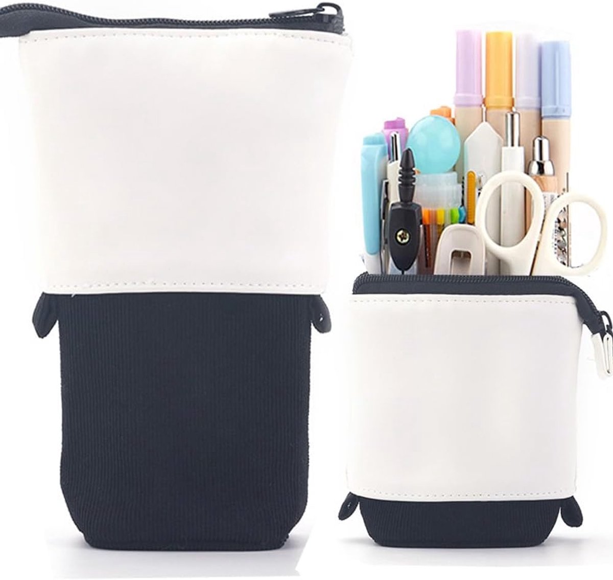 Uitschuifbaar Etui van PU en Corduroy - Retractable Opvouwbare Pencil Case - Grote Capaciteit - Voor Kantoor, School en Reizen - Zwart