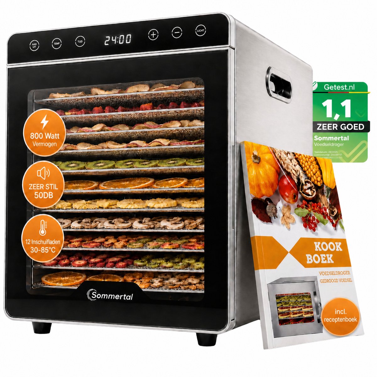Sommertal Silence 800 voedseldroger | 12 roestvrijstalen roosters, 800 watt, 30–85 °C, 24-uurs timer