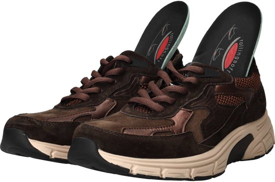 Bruine Gabor Rollingsoft sneakers met bronzen accenten, veters en losse zolen.