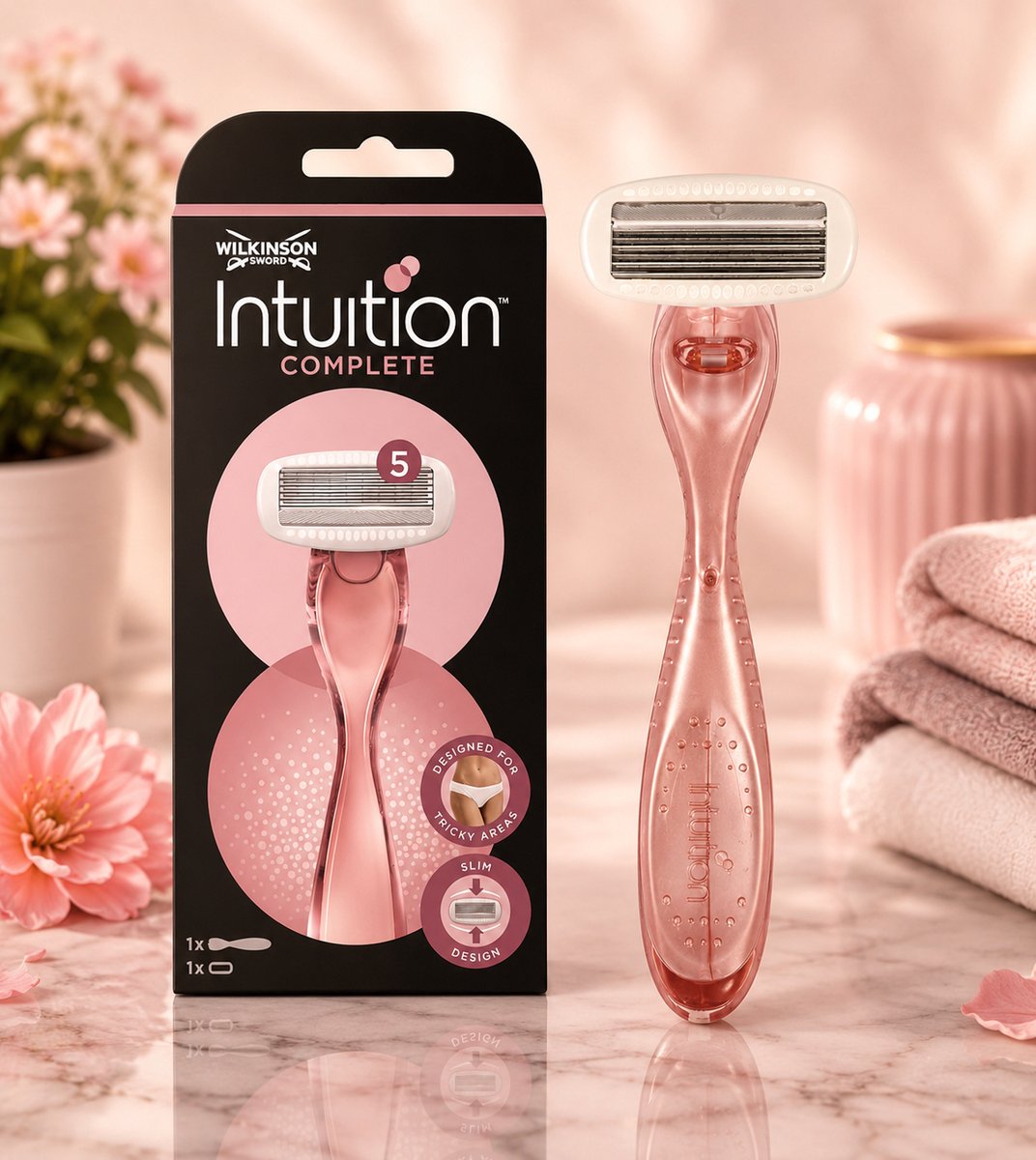 Wilkinson Sword Intuition Complete Ontharingsscheerapparaat met 5 Bladen, Bidirectioneel, voor Vrouwen, Roze, Slank Design, Geschikt voor alle Zones, 1 reservemesje