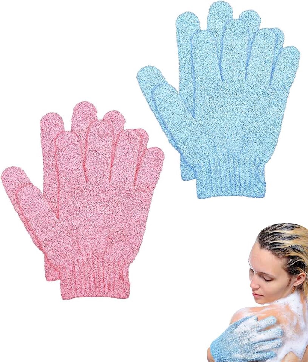 4 stuks scrubhandschoen voor lichaam, scrubhandschoen voor het lichaam, exfoliërende washandschoen, reinigt en reinigt de huid en verwijdert dode cellen, voor douche, spa, roze/blauw