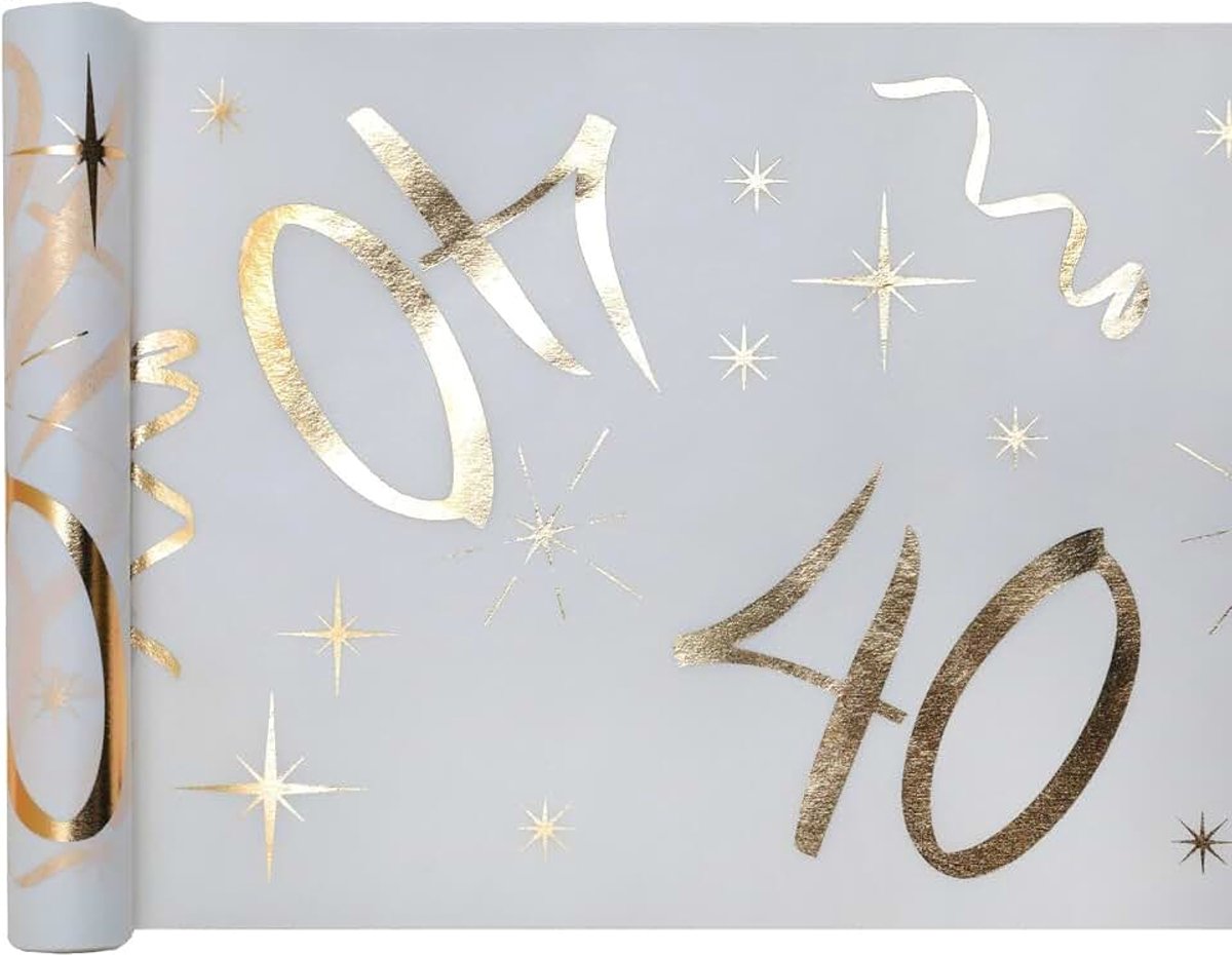Tafelloper, witgoud, 40 jaar, 30 cm x 5 m, decoratieve stof, banner, tafelkleed, tafelloper