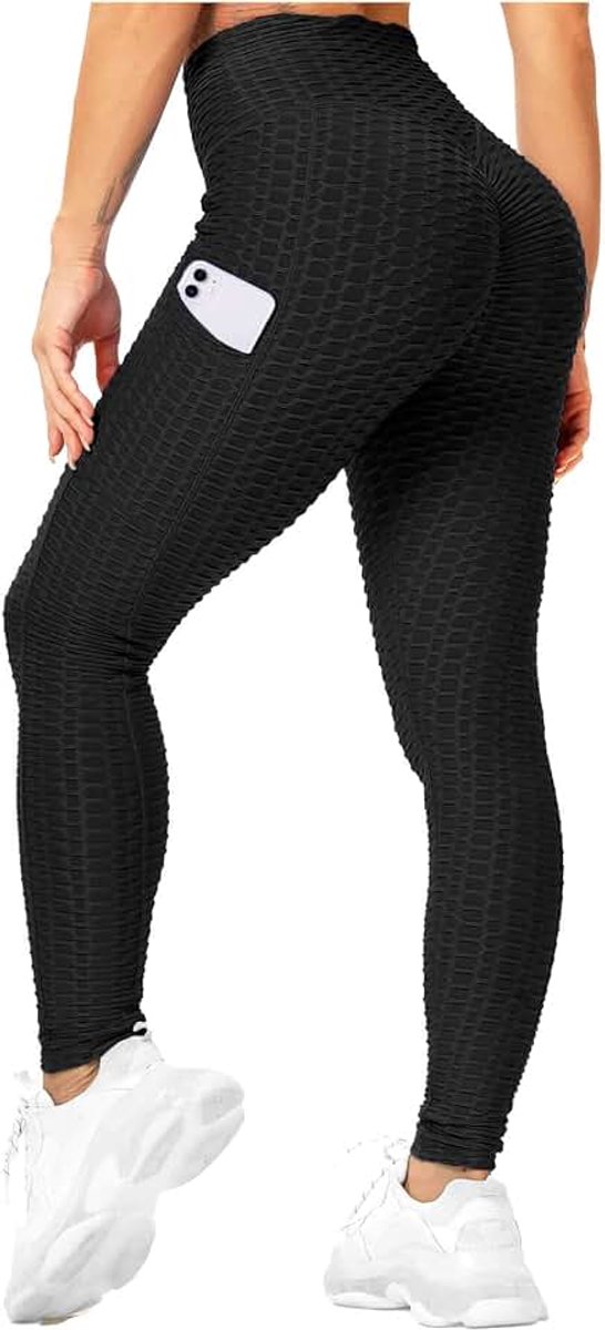 Push-up legging voor dames, hoge taille, anti-cellulitis, scrunch butt billen, sportbroek, yogabroek, B01 - Zwart, S