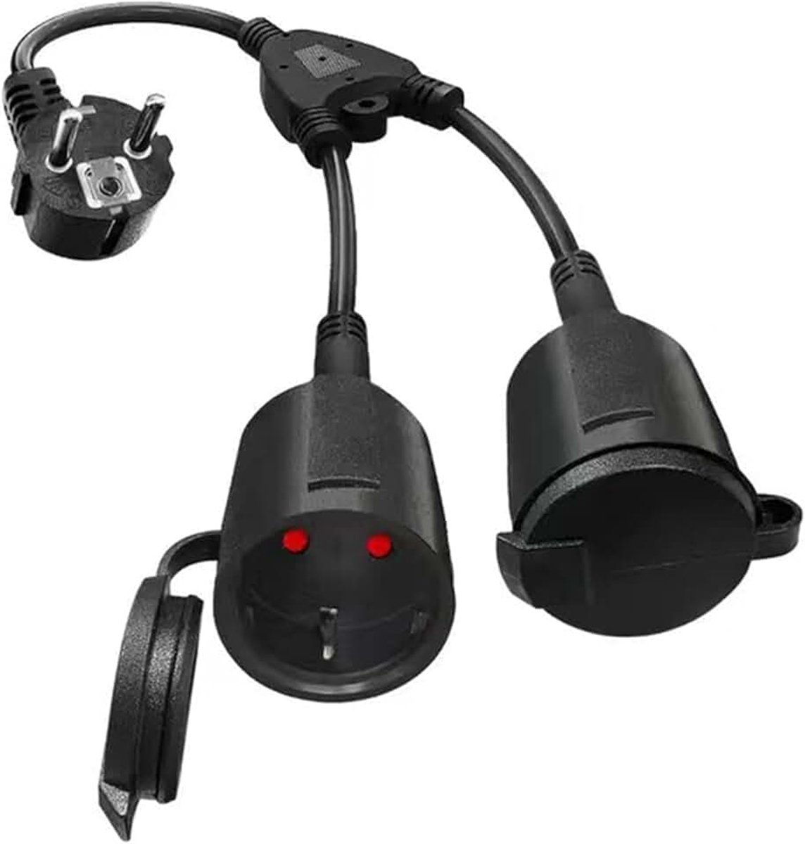 Stekker voor stopcontact, 16 A/250 V/Max verlengkabel met 2 Schuko stopcontacten, IP44 waterdicht, meervoudige stekkeradapter voor thuis, kantoor en buiten, 1,5 mm² (zwart)