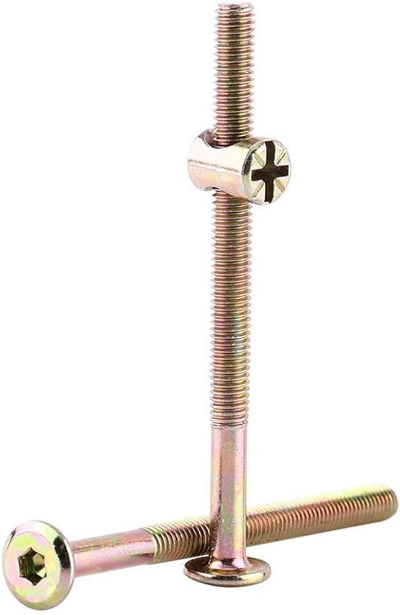 Meubelschroeven 40 mm / 60 mm / 80 mm / 90 mm / 100 mm, verzinkt koolstofstaal, met cilindermoeren, deuvelmoeren, stekkerhouder, 10 stuks