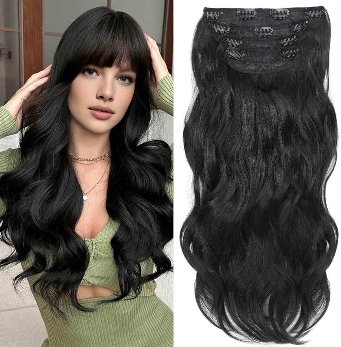 Extensies, 4 stuks lange golvende clip-in haarverlengingen, synthetische golvende haarverlengingen met clips, synthetische clip-in pruik voor dames (1B#, 50 cm)