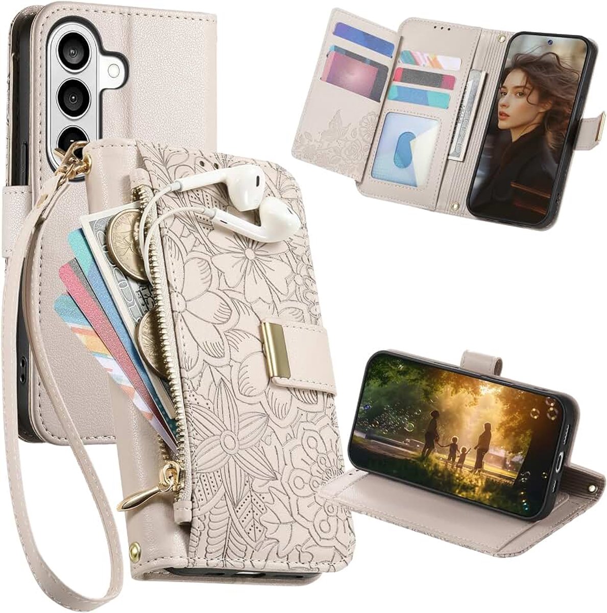 Portefeuille Hoesje voor Samsung Galaxy A17 /A16 /A26 HY Wit | BloemenPrint PU Lederen Flip Beschermhoesje met Polsband, Kaartenvak, Ritsvak, Case voor Samsung Galaxy A17 /A16 /A26