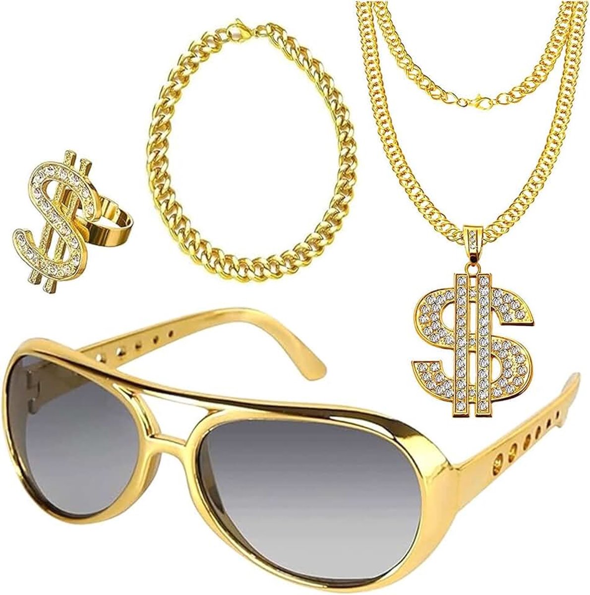 Kettingset, 4-delige set hiphop-kostuumset, gouden dollar-kettingset, jaren 80 en 90-outfit, hiphop-accessoires voor mannen en vrouwen, carnaval, party