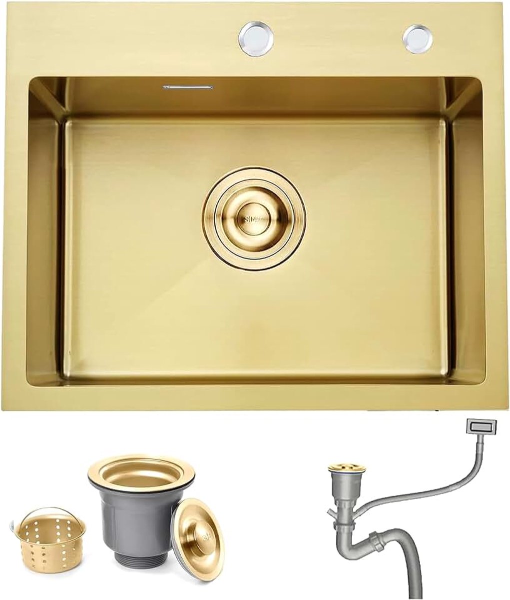 Bar Drop in Aanrecht, 55 x 45 cm RV Klein Roestvrij Staal 16 Gauge Topmount Kleine Spoelbak, Enkele Kom Gouden Natte Bar Outdoor Campervan, Wastafel met Afvoerzeef