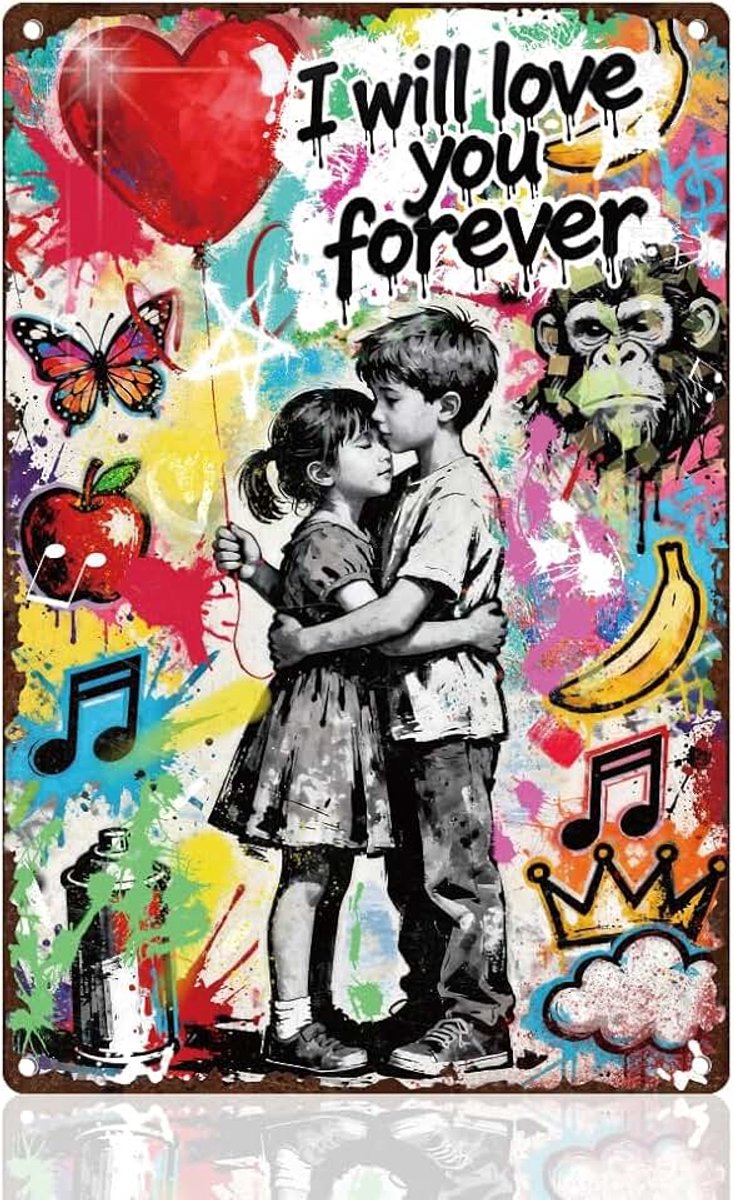 Hug Banksy graffiti metalen muurdecoratie 20 x 30 cm vintage 'Ich Werde Dich Für immer lieb' Muurposter voor thuis kamers cafés bar pub outdoor badkamer keuken
