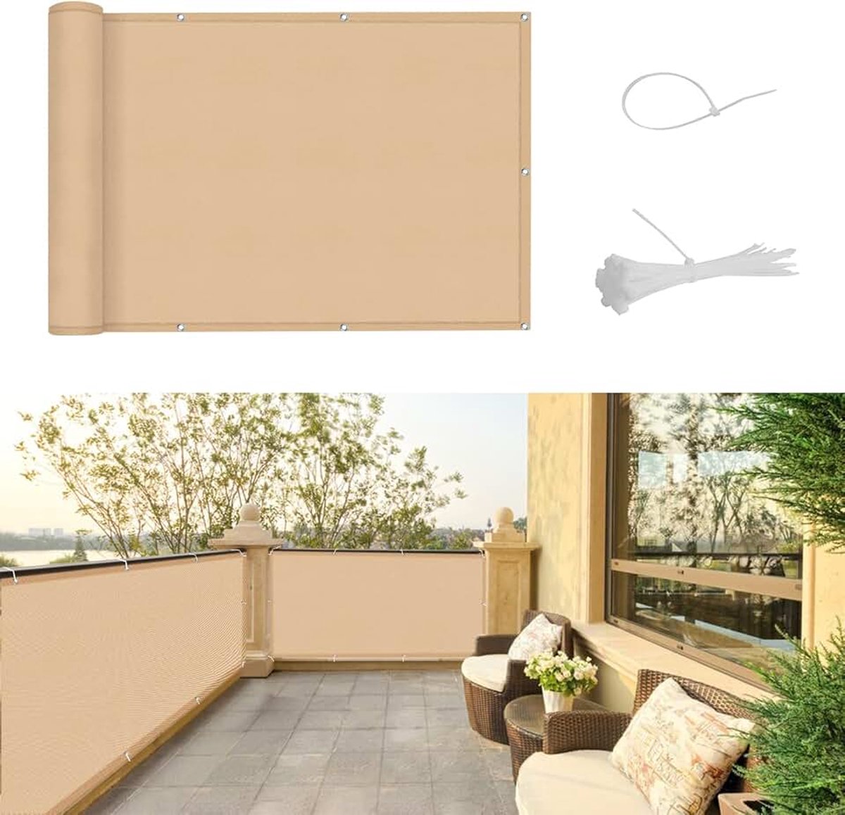 Balkonscherm 75x500cm Waterdicht Balkonafdekking Inkijkbescherming Ondoorzichtig Balkonomranding Met Oogjes Windscherm UV-bescherming Voor Balkon Tuin Terras,Zand