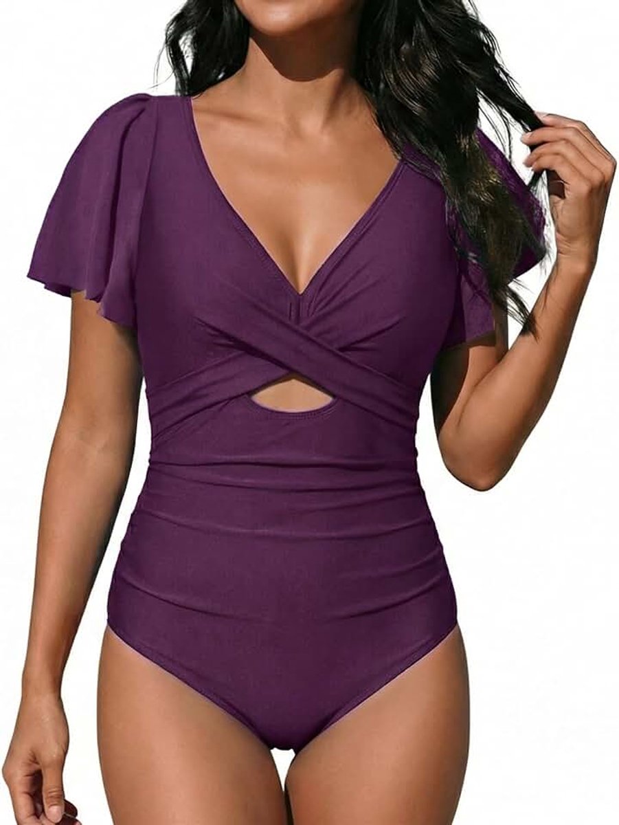 Badpak voor dames, buikweg, ruches, eendelig, V-hals, badkleding, push-up, hoge monokini met buikcontrole, zwempak, cross swimwear