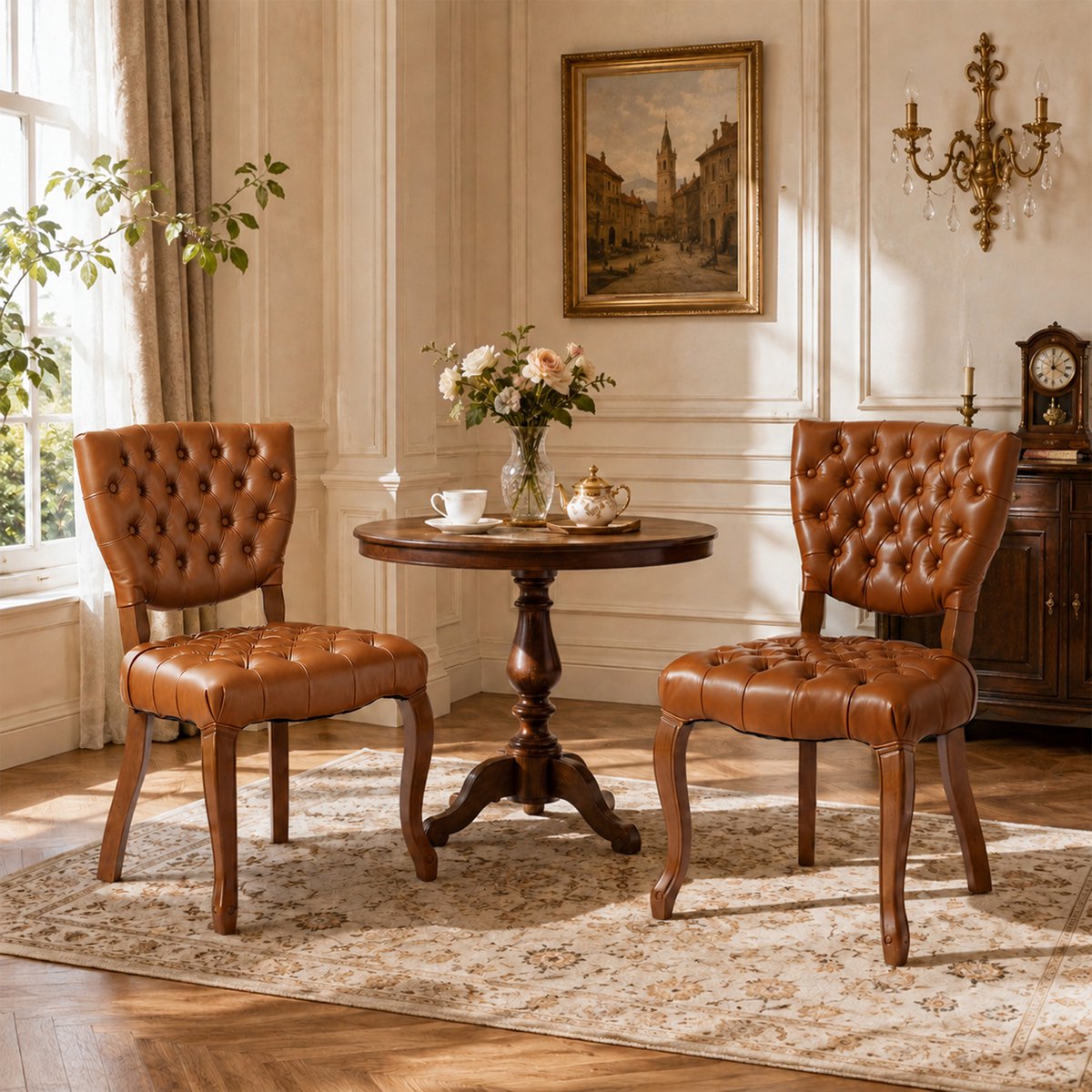 HomeMiYN Eetkamerstoelen Set van 2 – Vintage Stoelen met PU Leer, Gecapitonneerde Rugleuning, Gestoffeerde Stoelen met Massief Houten Poten voor Woonkamer en Eetkamer
