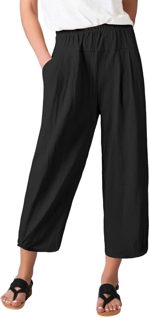 Casual Broek Zomer Katoen Linnen Bijgesneden Broek Brede Pijpen Losse Fit Elastische Taille Broek Harem Lounge Bottoms met Zakken