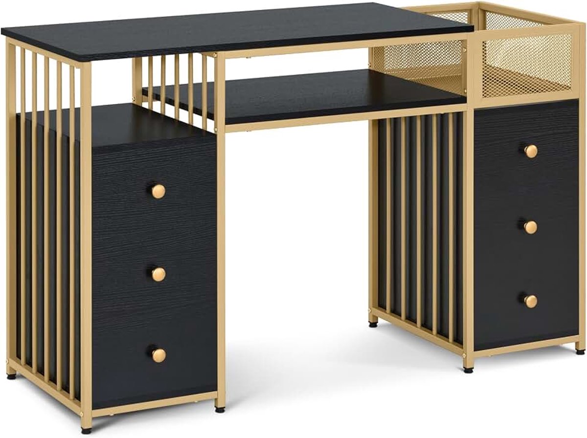 MCombo Bureau met 6 laden, nageltafel, manicuretafel, make-uptafel zonder spiegel, modern, computertafel met planken, woonkamer, 46 x 125 x 81 cm, 2425