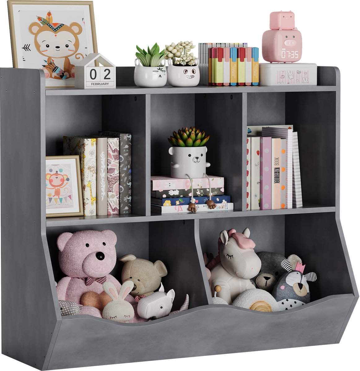 Kinder‑opbergorganizer voor speelgoed en boeken – houten boekenkast met 5 vakken en meerdere schappen – geschikt voor boeken en speelgoed in de babykamer, speelkamer, slaapkamer en hal