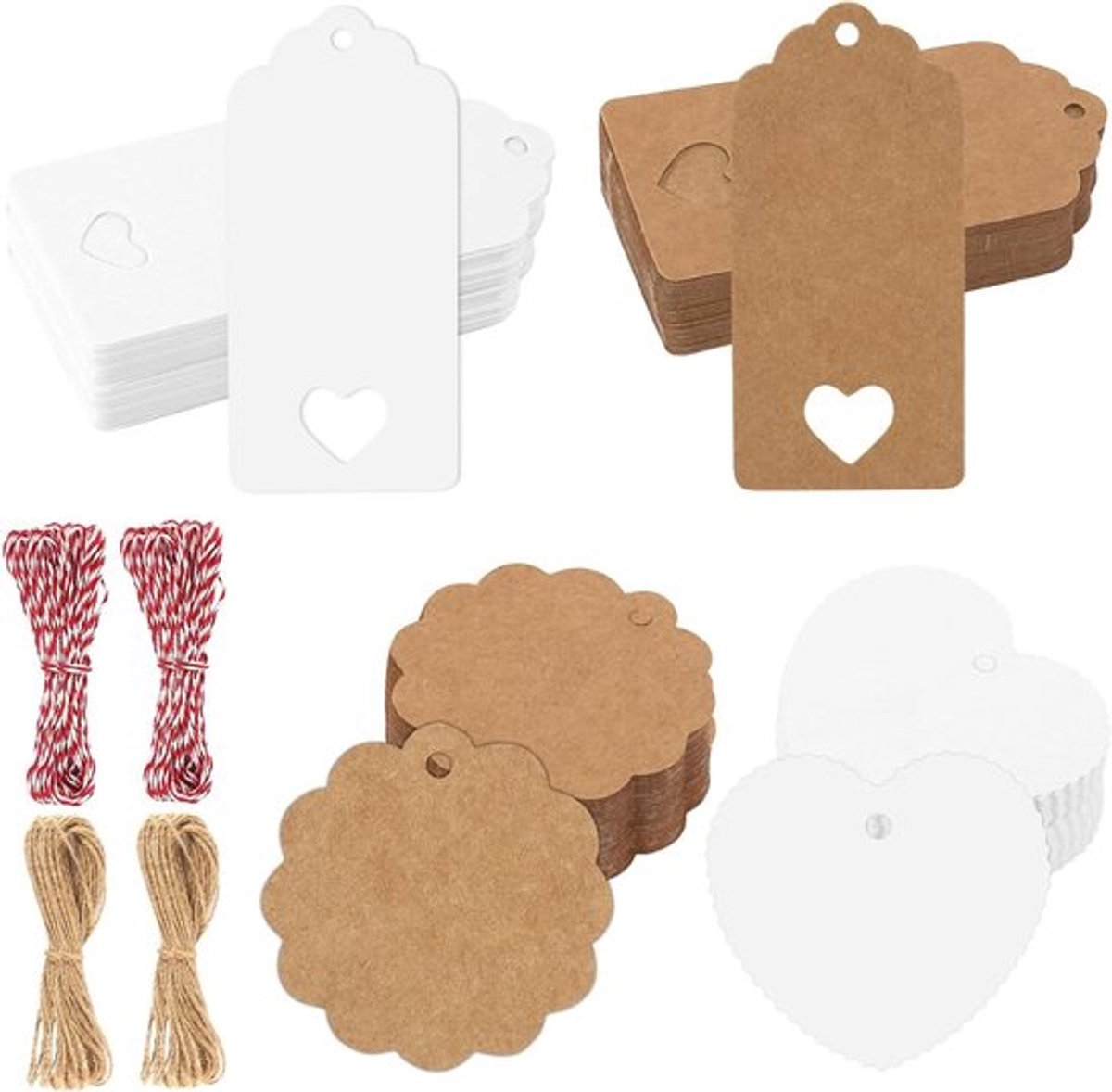 Set van 400 stuks Kraftpapieren Cadeaulabels met Koord - Bruiloftsdecoratie, Kerst, Cadeauverpakking - Handwerk DIY - in Bruin en Wit.