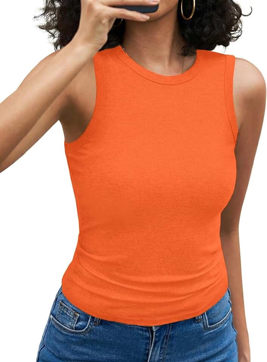 Tanktop voor dames, geribbeld, ronde hals, slim fit, zomer | Mouwloos, stretch, elegant, basic shirt, sexy, casual, effen