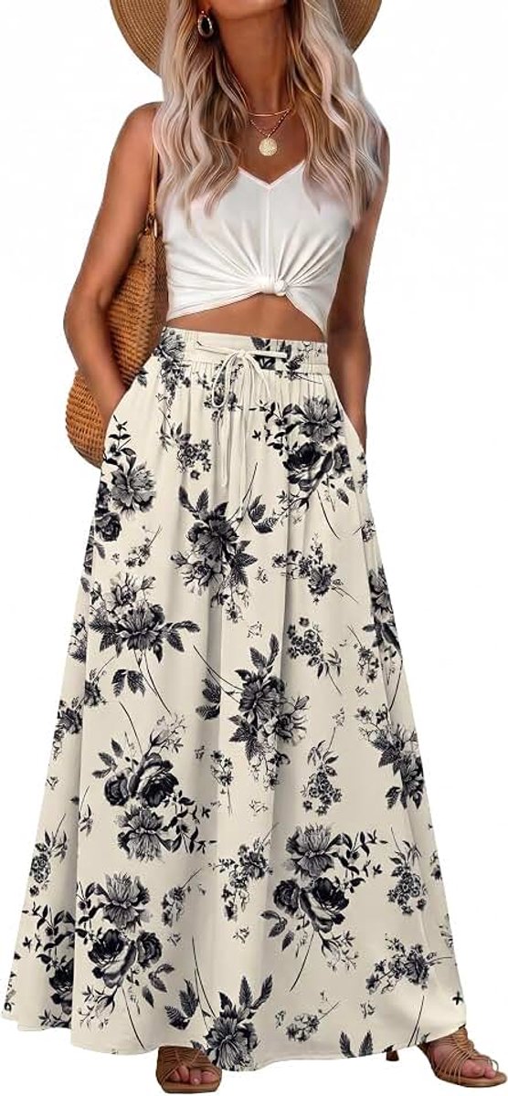 Zomerrok voor dames, lange boho-rok, A-lijn, zomerrok, elegante maxi-rok, strandjurk, lang, vloeiende rok met zak, licht en luchtig
