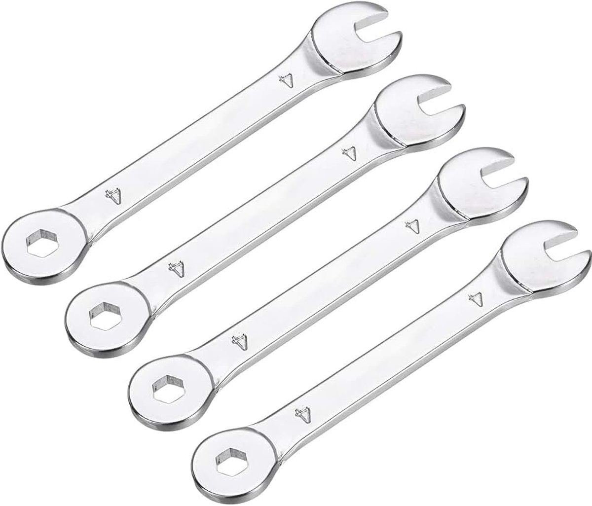 4 stuks 4 mm dunne combinatiesleutels met 6 verspringende uiteinden en open uiteinde, 15 graden gebogen, van zeer sterk koolstofstaal, verchroomd, met metrische spiegel
