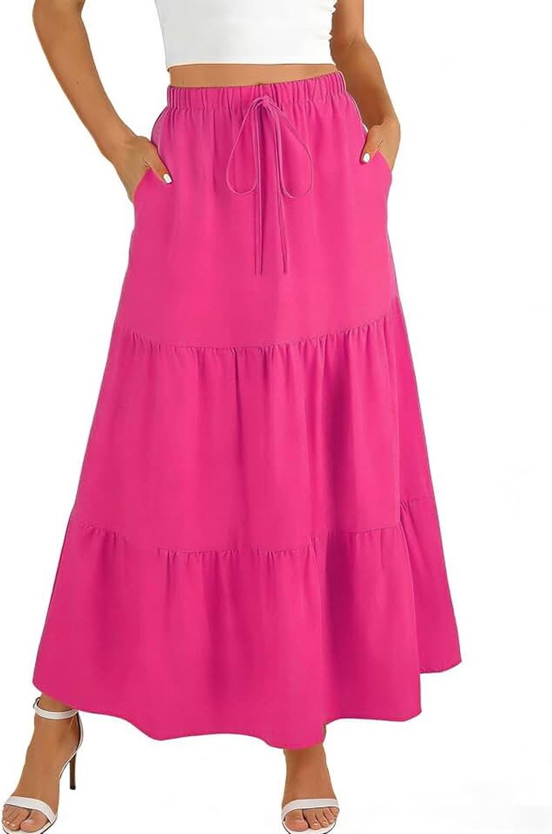 Lange rok voor dames met zakken, hoge taille met elastische tailleband, elegante maxi-rok, lange zomerrok