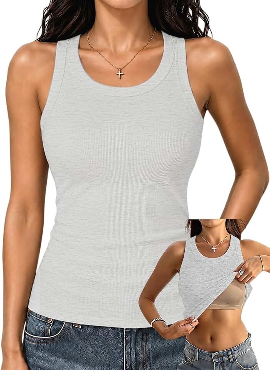 Racerback-tanktops met ingebouwde beha voor vrouwen, geribbelde basics met hoge hals, getailleerde lange beha-tanks