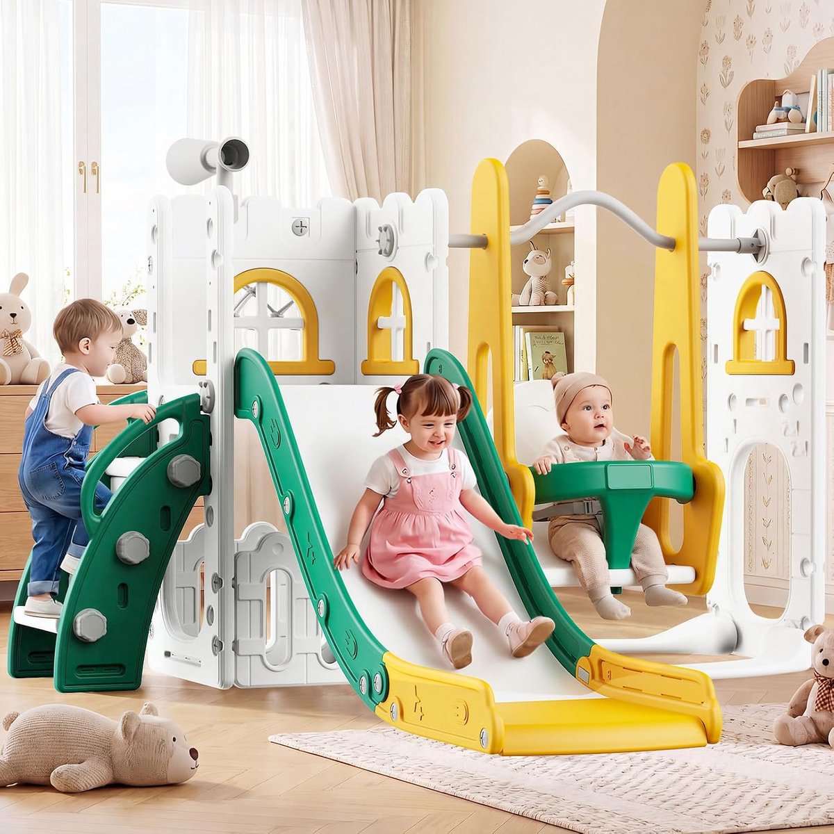 7‑in‑1 speeltoestel voor kinderen vanaf 1 jaar, geschikt voor binnen en buiten, 3‑delige lange glijbaan, schommel met kinderzitje, klimladder, basketbalring, opbergmand en telescoop, Oranje