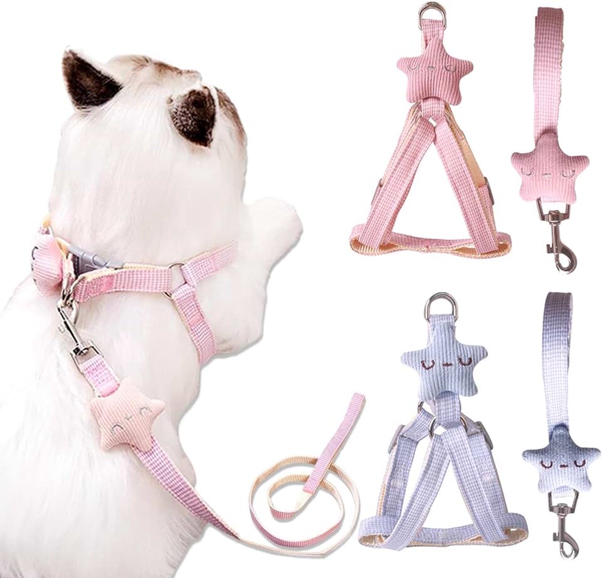 2-pack kattenharnas en riemset, roze en blauwe kitten riem en harnas, schattige sterrennaaldontvluchtingsbestendige kattenharnassen en riemen voor kitten, puppy, konijnen, wandelen, training