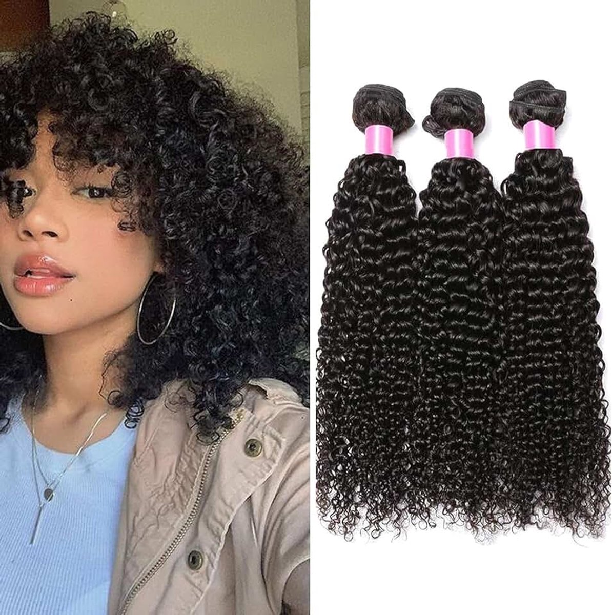 - 3 Braziliaanse haarbundels,Deep Curly,50g/bundel, 150 g in totaal,28 inch(71.12m), echt haar, steil, haarverlenging 8A