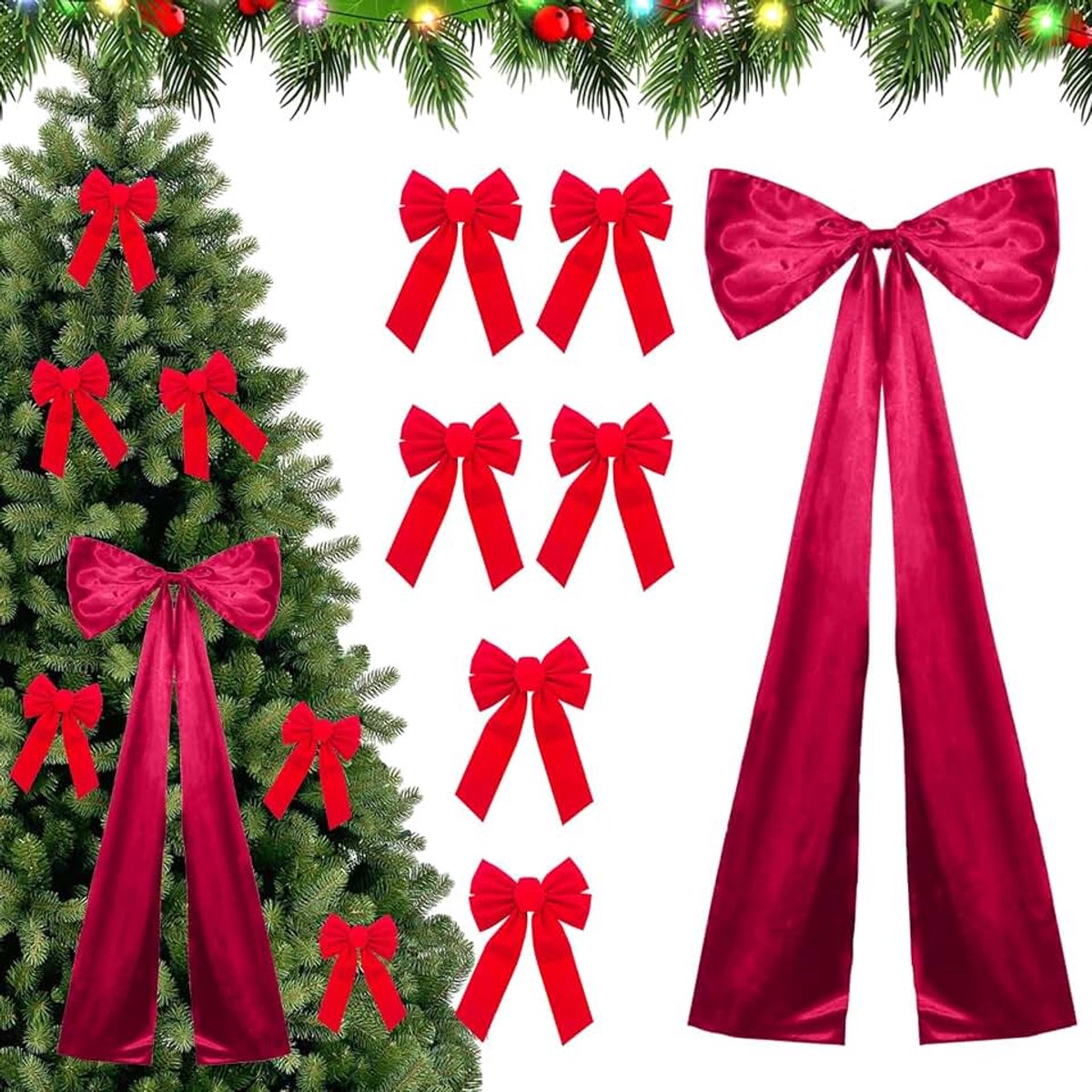 7 stuks linten kerstboom decoratie, rode lint kerst fluwelen strik, kerstboomtop geschenkstrik kerstdecoratie, kerstlinten voor kerstboom slinger kerst open haard