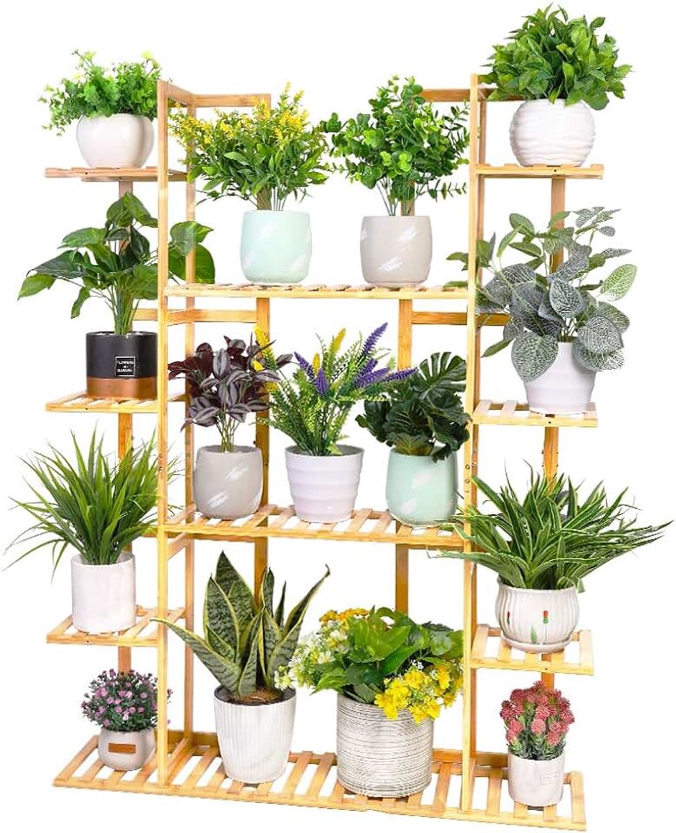 Bamboe plantenrek, multifunctionele plantenhouder met 9 planken, verticaal ontwerp, bloempotstandaard, ideaal voor thuis, balkon, terras, tuin, kantoor, koffie - 123 x 89 x 19,5 cm, belastbaar