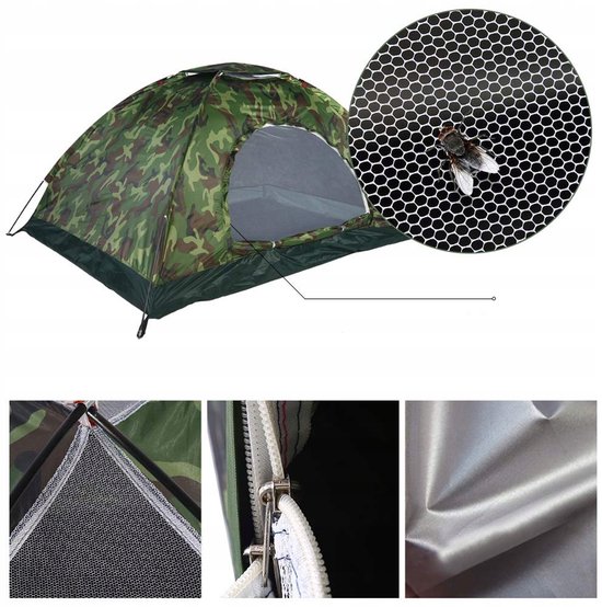 Kampeertent - 2 Persoons Tent - 200x150x110 cm - Oxford - Snel Opzetten - Camouflage - met Gaas - Muggenwerend & Ademend - Toeristentent - Voor Vissen Wandelen en Strand - Draagbaar — afbeelding 5