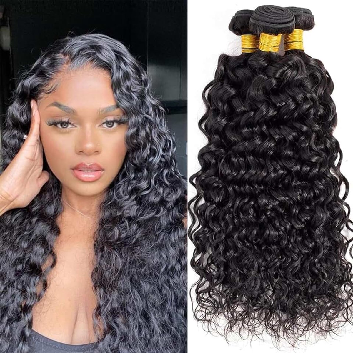 Wave Human Hair Bundles (22 24 26 Inch) 3 Bundles Curly Hair Braziliaans Menselijk Haar Bundels Human Hair Extension Natural Color 100g/Bundle (Total 300g)