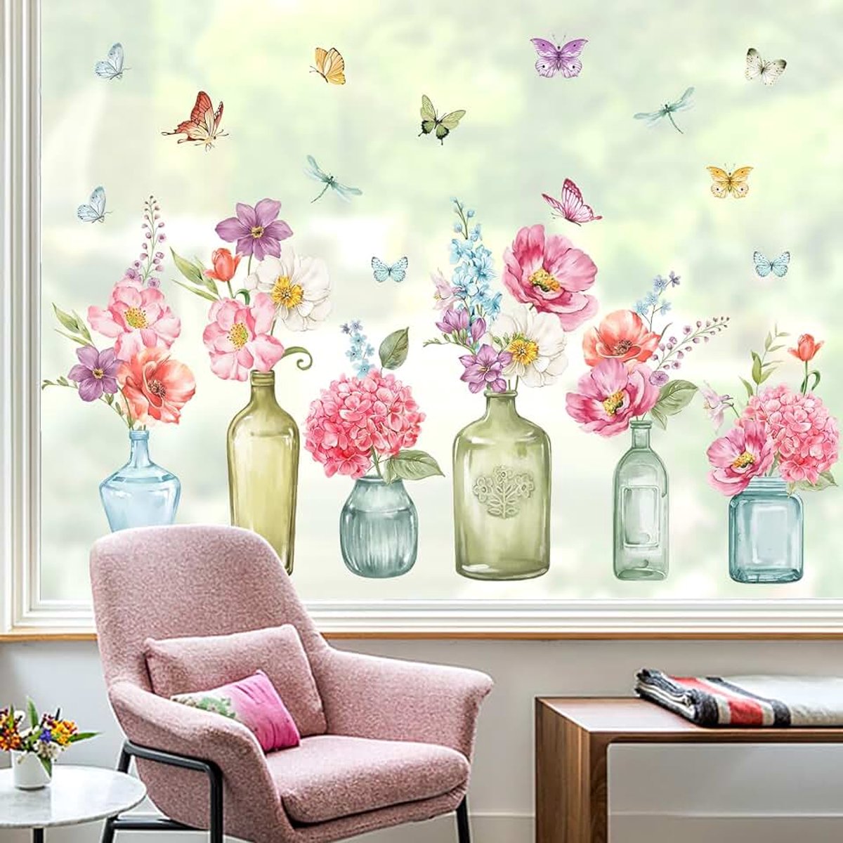 Raamstickers Bloemen in Potten Vlinders Glas Decal Klampt Anti Botsing Dubbelzijdige Statische Raamstickers voor Thuis Glas Venster