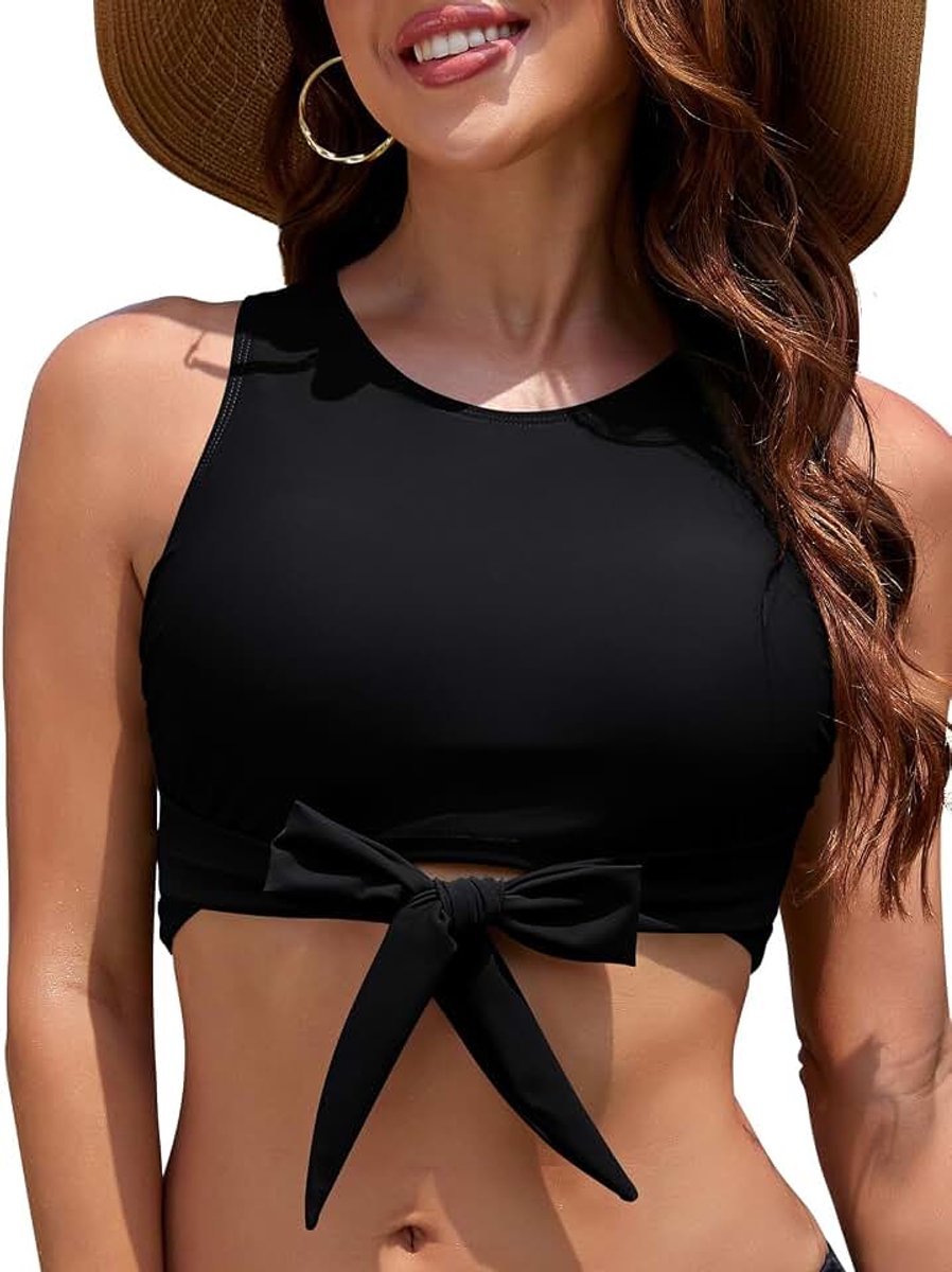 Crop Top Zwemmen Badpak Hoge Hals Vrouwen Bikini Top Front Tie Knoop Badpak Tank Ingebouwde Beha Beach Wear