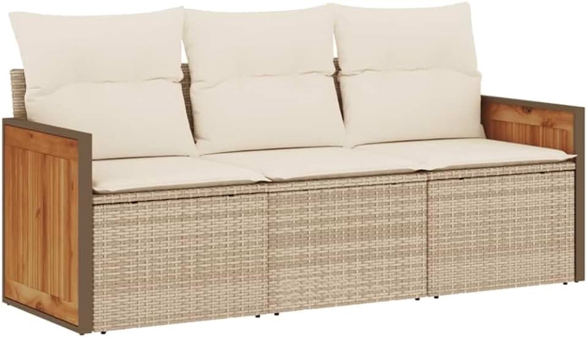 3-delig beige polyrotan sofa set, modulaire tuinbank met opbergruimte en waterafstotende tas, inclusief afneembare en wasbare kussenovertrekken