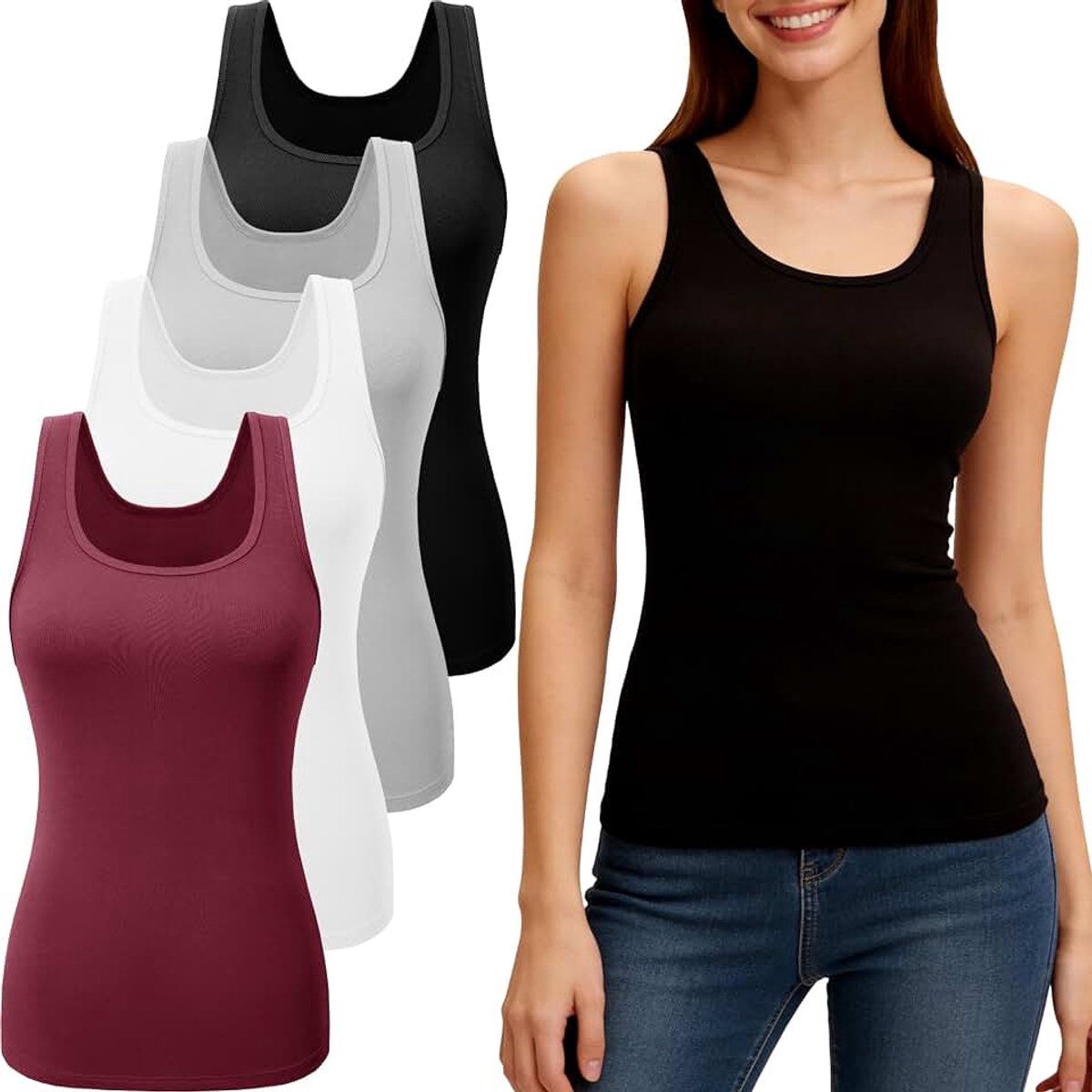 Set van 4 tanktops voor dames, ondershirt, basic, tanktop, mouwloos, vrije tijd, vrouwen, workout tops