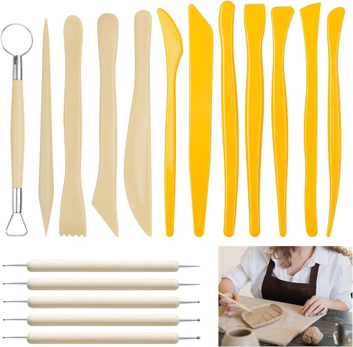 17 stuks modeleergereedschapsset, stippen, nail art, dotting tools, reliëfstift, embossing pen, kleigereedschapsset van beukenhout, pottenbakkersaccessoires, set voor doe-het-zelf kunsthandwerk