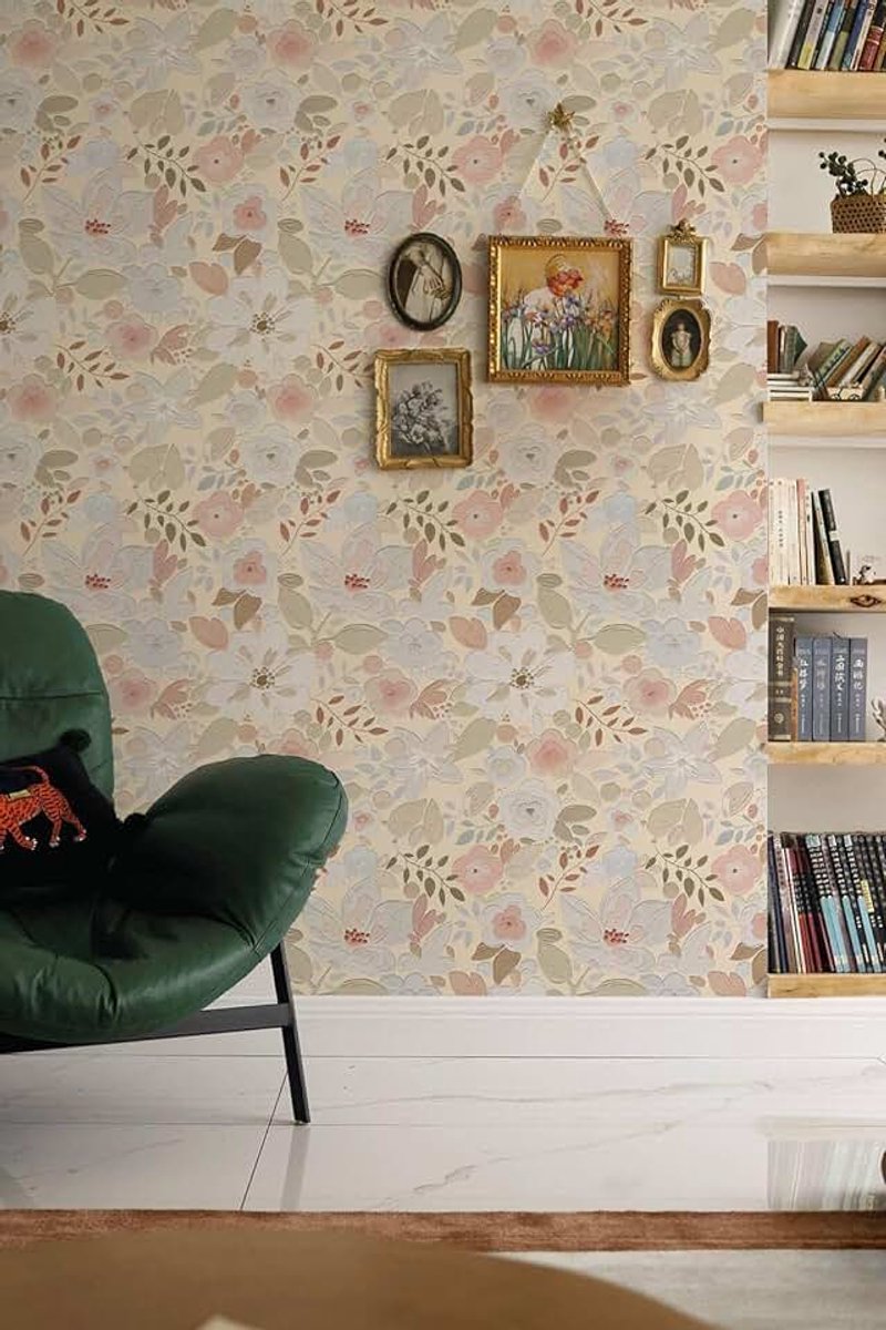 Behang met bloemen in roze en blauw, 44 x 500 cm, behang met groene bladeren, planten, vinyl, stickers voor meubels, kasten, boekenkast, woonkamer, slaapkamer, keuken
