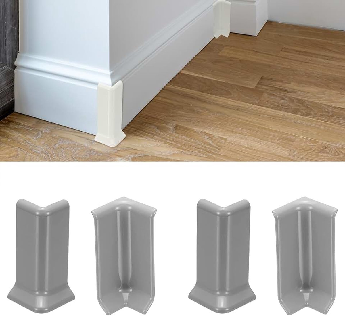 Zelfklevende hoekblokken voor plinten, hoekbescherming voor wandranden, 8,2 cm, 2 voor binnen en 2 buiten, connector voor wandrand, vloer, meubels (grijs)