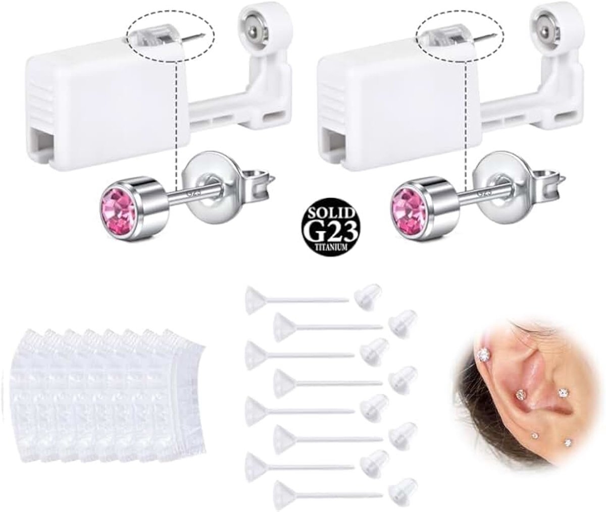 G23 Titanium oorpiercingset, goudzilver, 2 stuks wegwerpbare oorpiercingpistolen met voorgeladen 4 mm oorbelnoppen, zelf-thuiskit voor lobbenkraakbeen, helix met waterdichte afdekkingen