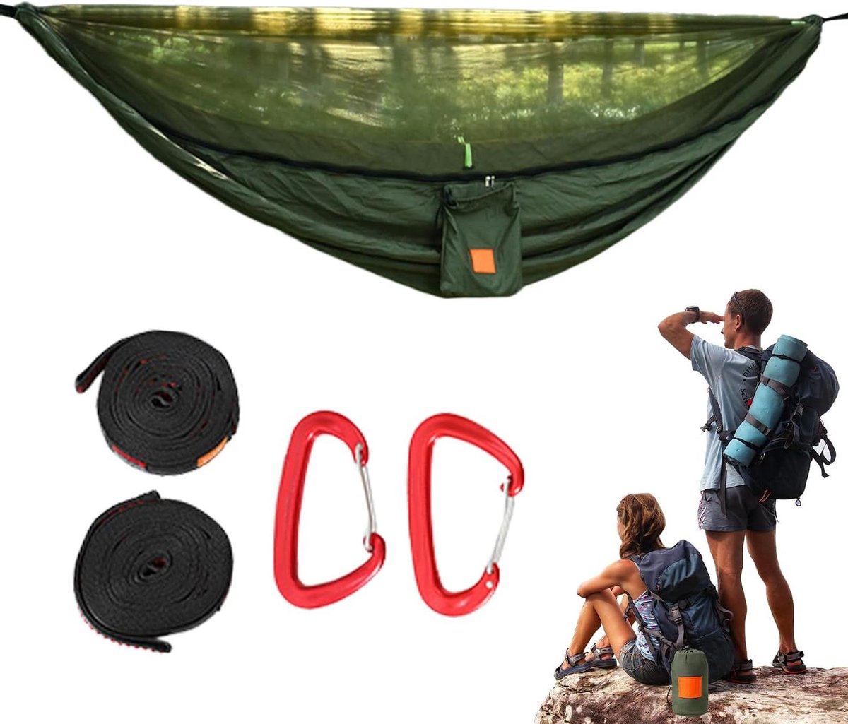Kampeerhangmat met Klamboe - Hangmat Vliegenbescherming - Buiten Ontspannen - Anti-Omrol Ontwerp - 270x140 cm - Groen