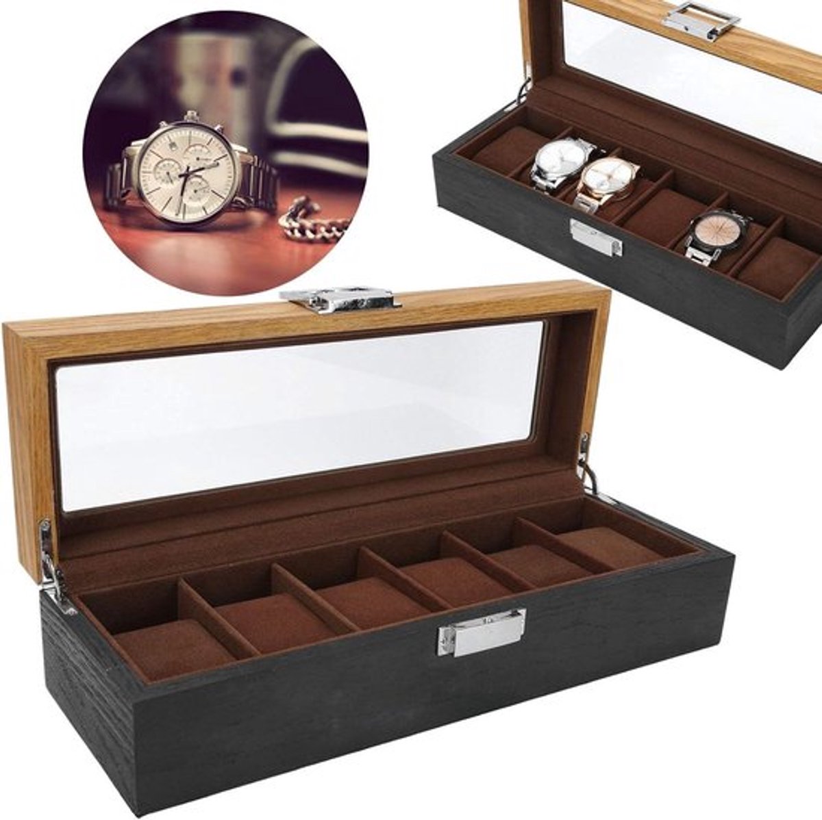Houten Horlogedoos met 6 Slots - Eenvoudige en Klassieke Opbergoplossing voor Horloges, Ideaal voor Mannen en Verzamelingen
