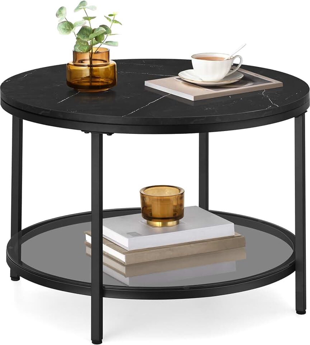 Salontafel, Woonkamertafel, Banktafel, voor de woonkamer, met glazen blad, veel opbergruimte, eenvoudige montage, moderne stijl, marmerzwart LCT072B58