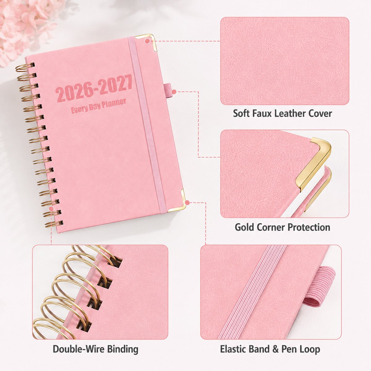 Planner 2026-2027 – A5 jaar- en weekplanner – Spiraalgebonden kalender met kunstlederen omslag en pennenhouder – Kersenbloesemroze