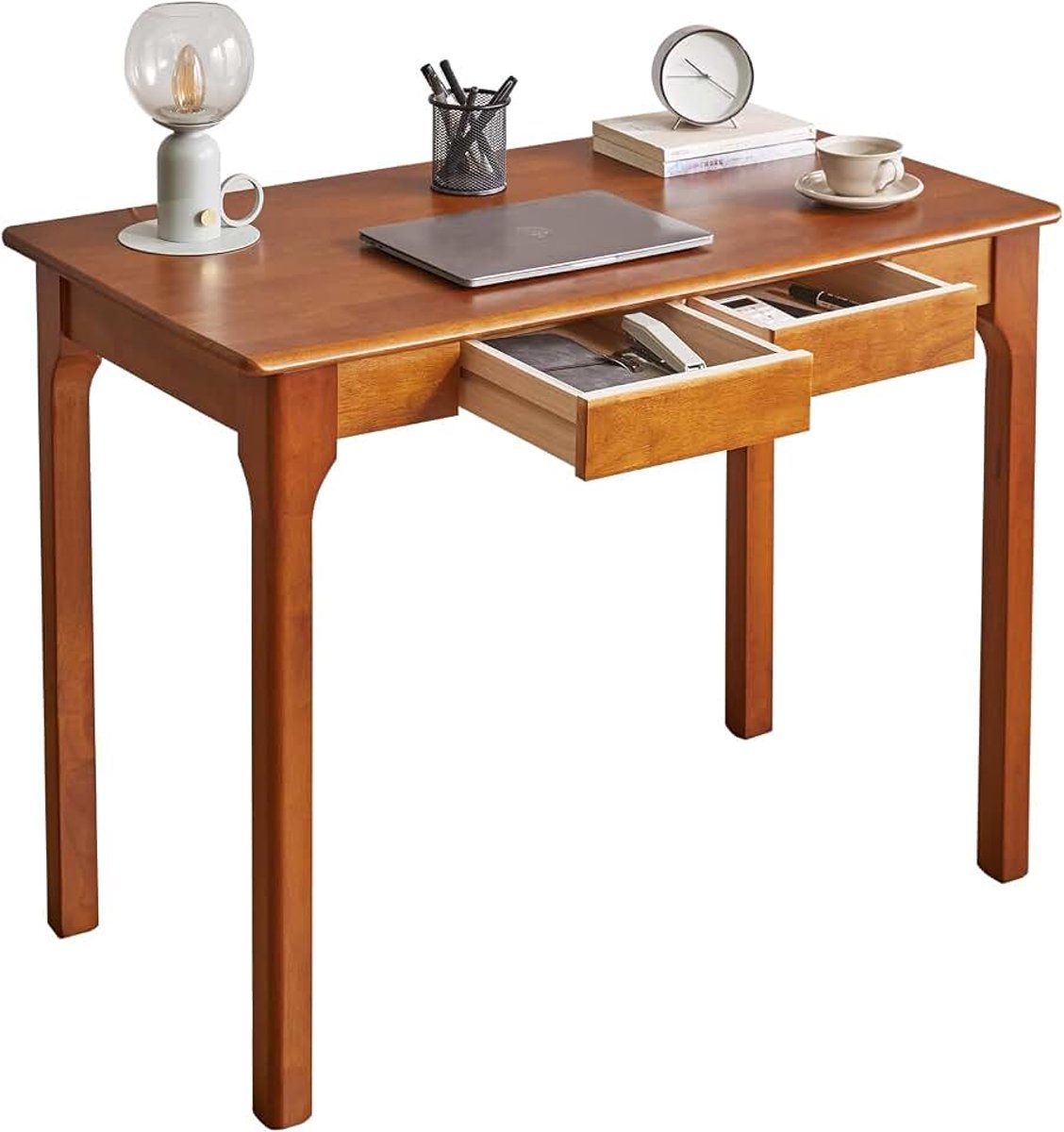 Massief Houten Bureau met 2 Lades, 100 cm Gaming-, Studie-, Thuis- of Kantoortafel, pc-Bureau voor Studenten, Kleine Computertafel voor Kleine Ruimtes, Donkerbruin YD-WD04H