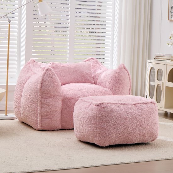Zitzak met Voetenbank - Loungestoel - Bekleding van Imitatie Konijnenbont - Hoogdichtheid Versnipperd Schuim - Ergonomische Rugleuning - Relaxstoel voor Woonkamer en Slaapkamer - Draagvermogen 200 kg-Roze